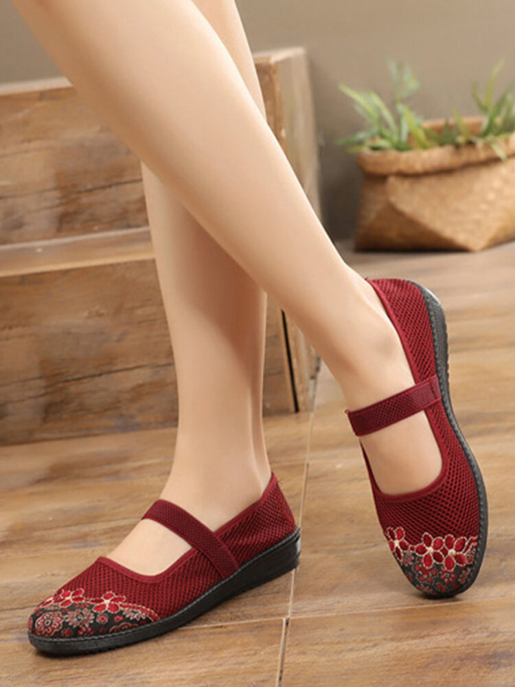 Big Size Women Mesh Breathable Flower Printing Wedge Heel Loafers Shoes