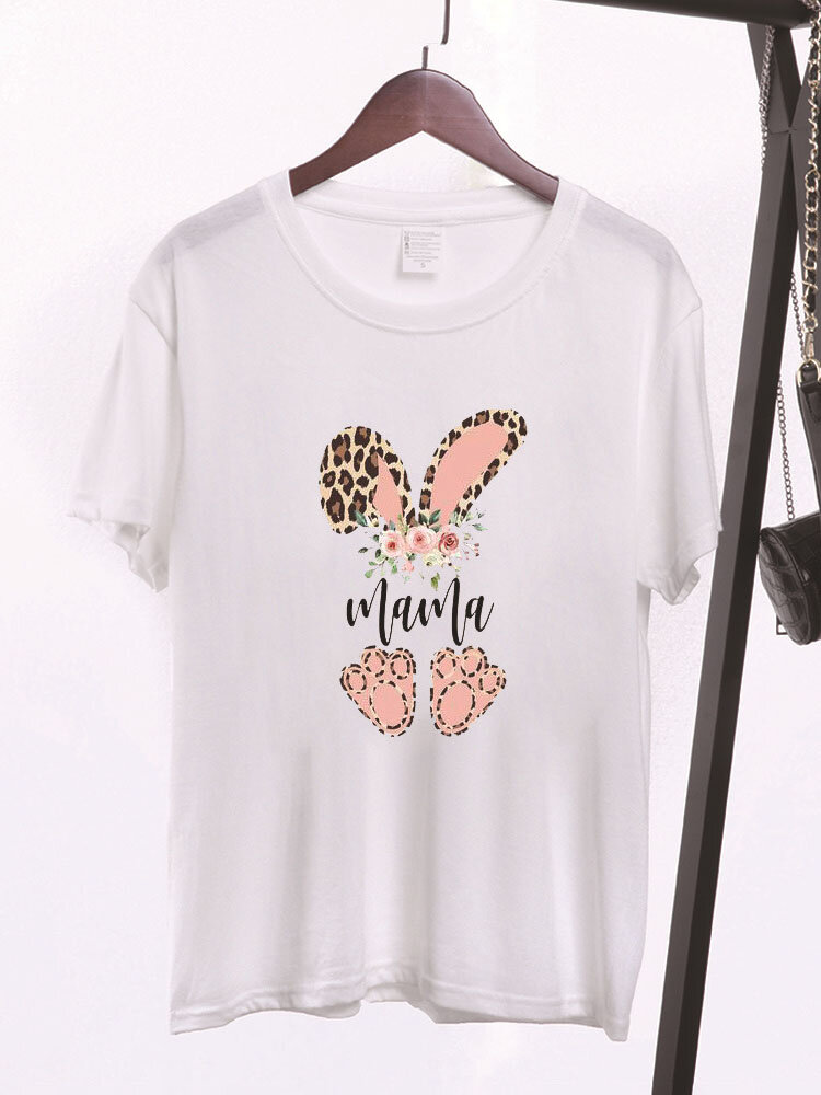 

Easter Cartoon Bunny Leopard Floral Print Short Sleeve O-neck T-Shirt, Black;gray;red;yellow;pink;white;grass green;leather pink;ginger;mustard yellow;dark green;enamel blue;light green;army green;gold;wine red;navy