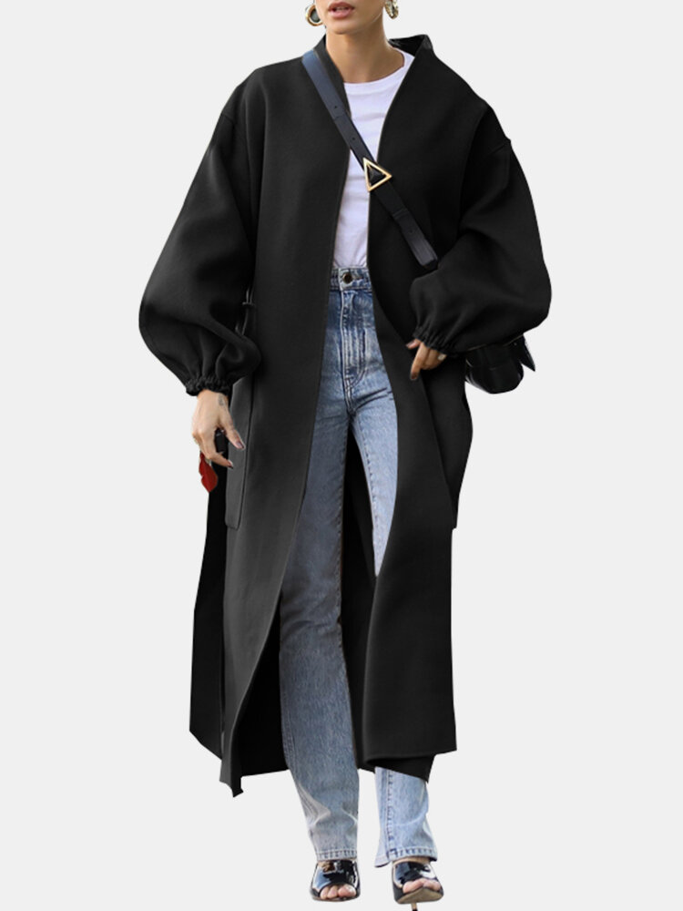 Solid Color Pockets Waistband Puff Sleeves Casual Coats for Women