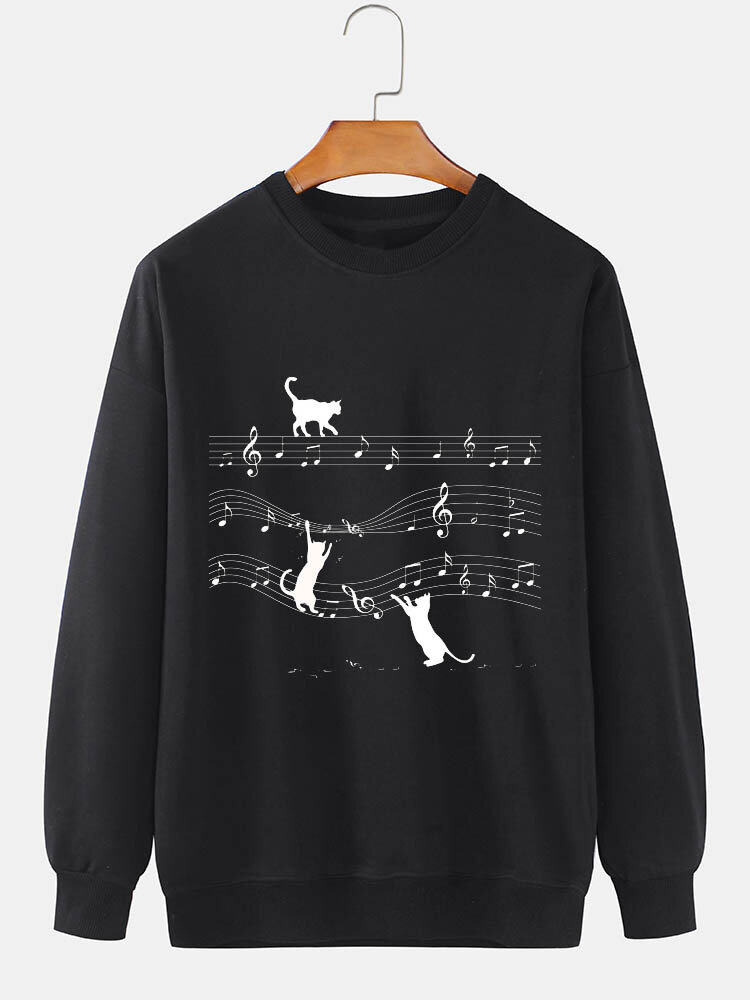 ChArmkpR Mens Cat Music Note Print Crew Neck Pullover Sweatshirts