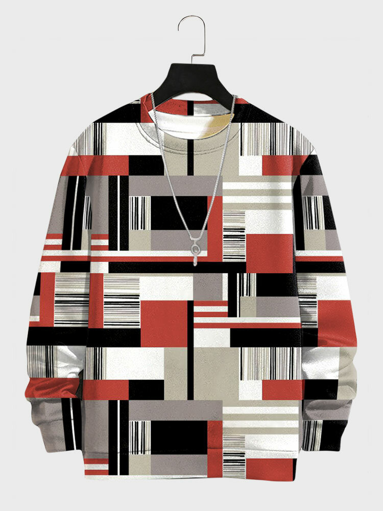 

Mens Allover Geometric Print Crew Neck Casual Pullover Sweatshirts Winter, Red