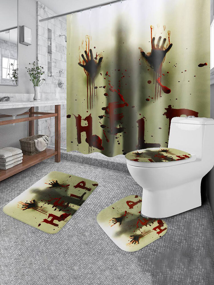 

1 PC Halloween Shower Curtain Liner Window Curtains Horror Bloody Hands Bathroom Floor Mat U-shaped Mat Toilet Cover