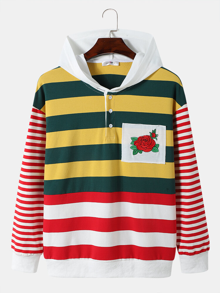 Mens Stripe Patchwork Rose Embroidered Half Button Loose Drawstring Hoodies