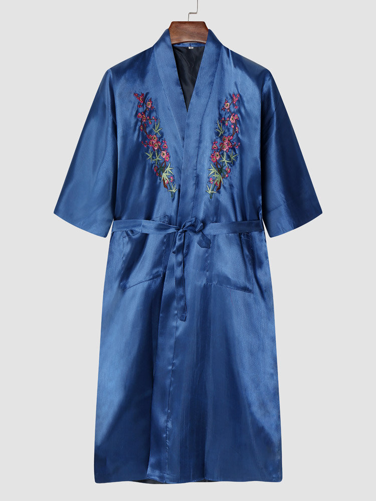 Men Floral Embroidered Chinese Style Belted Half Sleeve Calf Length Soft Robes