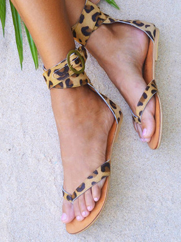 Women Fashion Leopard Print Clip Toe Ankle Bckle Strap Flat Beach Sandals