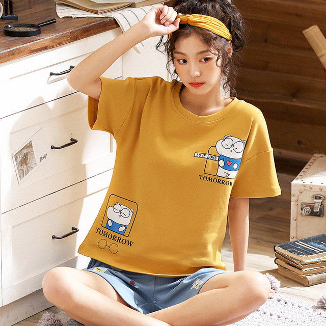 902 Pajamas Female Cartoon Sweet Cotton Ladies Home Service Suit Casual Short-sleeved Shorts