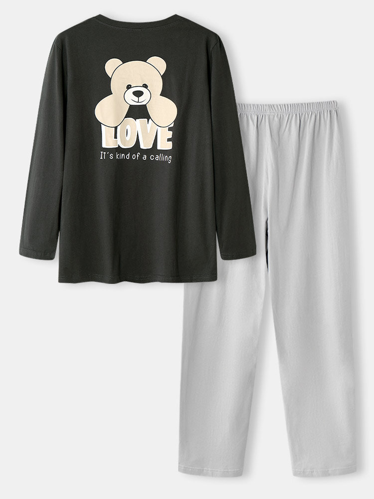 Men Cute Bear Pattern Letter Crew Neck Elastic Waist Outdoor Pajama Sets от Newchic WW