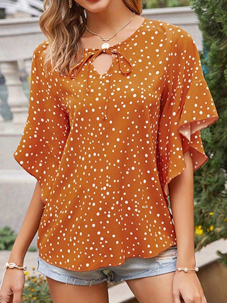 Dot Print O-neck Bell Half Sleeve Knotted Loose Chiffon Blouse