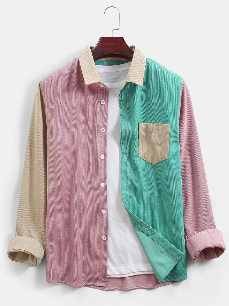 Mens Corduroy Colorblock Patchwork Casual Chest Pocket Long Sleeve Shirts