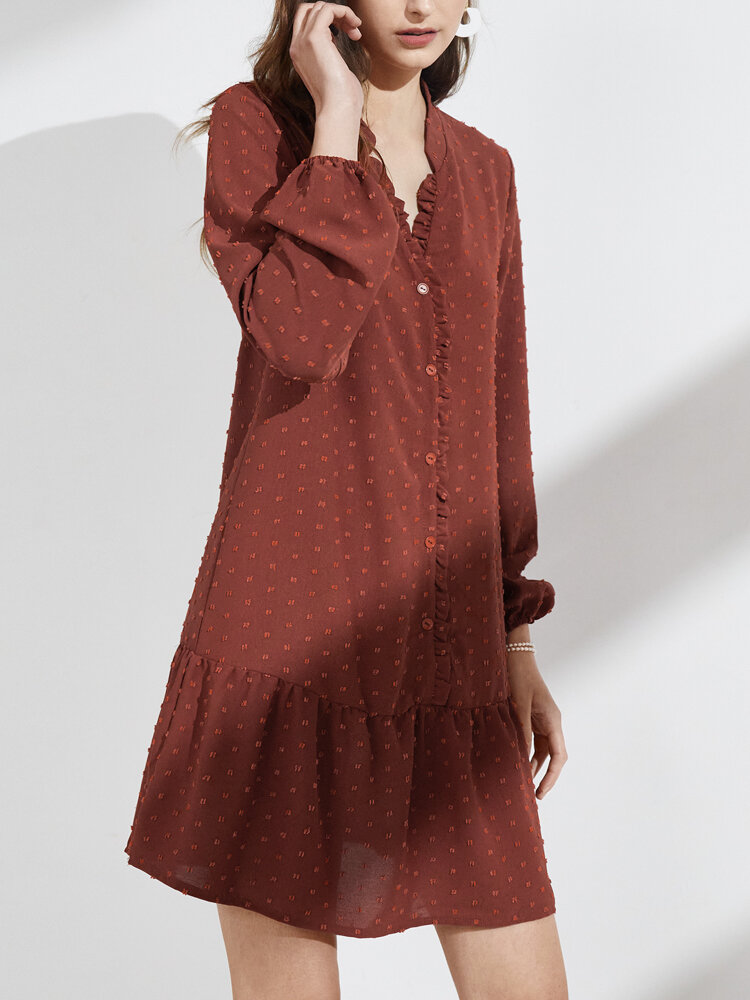 Solid Color Ruffle Swiss Dot Button Lantern Sleeve Casual Dress