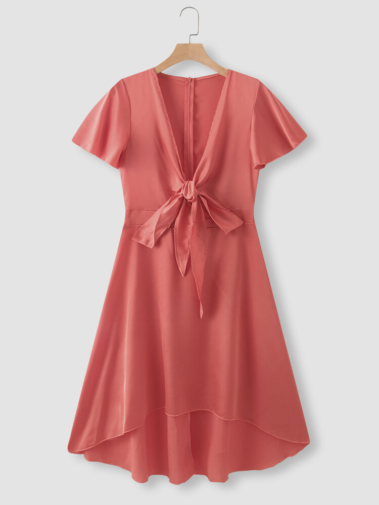 Solid Deep V-neck High-low Knotted Short Sleeve Zip Dress