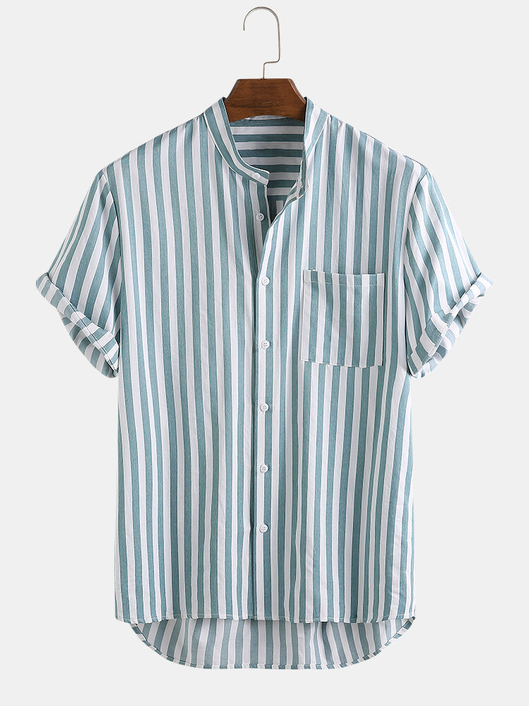 Mens Thin & Breathable Vertical Pinstriped Stand Collar Short Sleeve Shirt