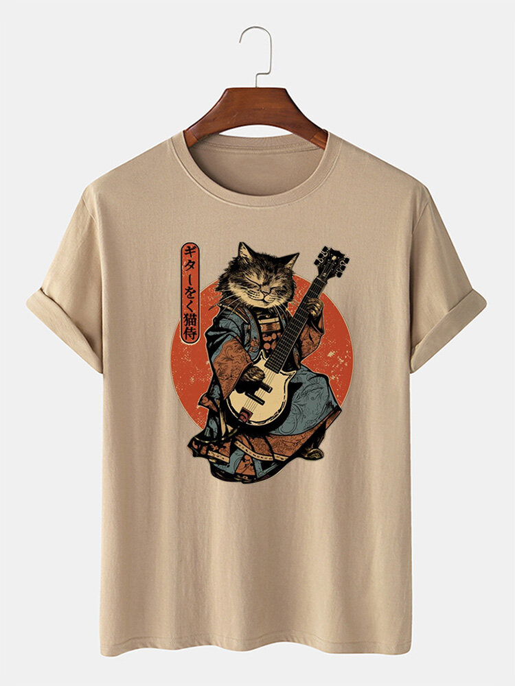 Mens Japanese Guitar Cat Print Crew Neck Short Sleeve T-Shirts Winter