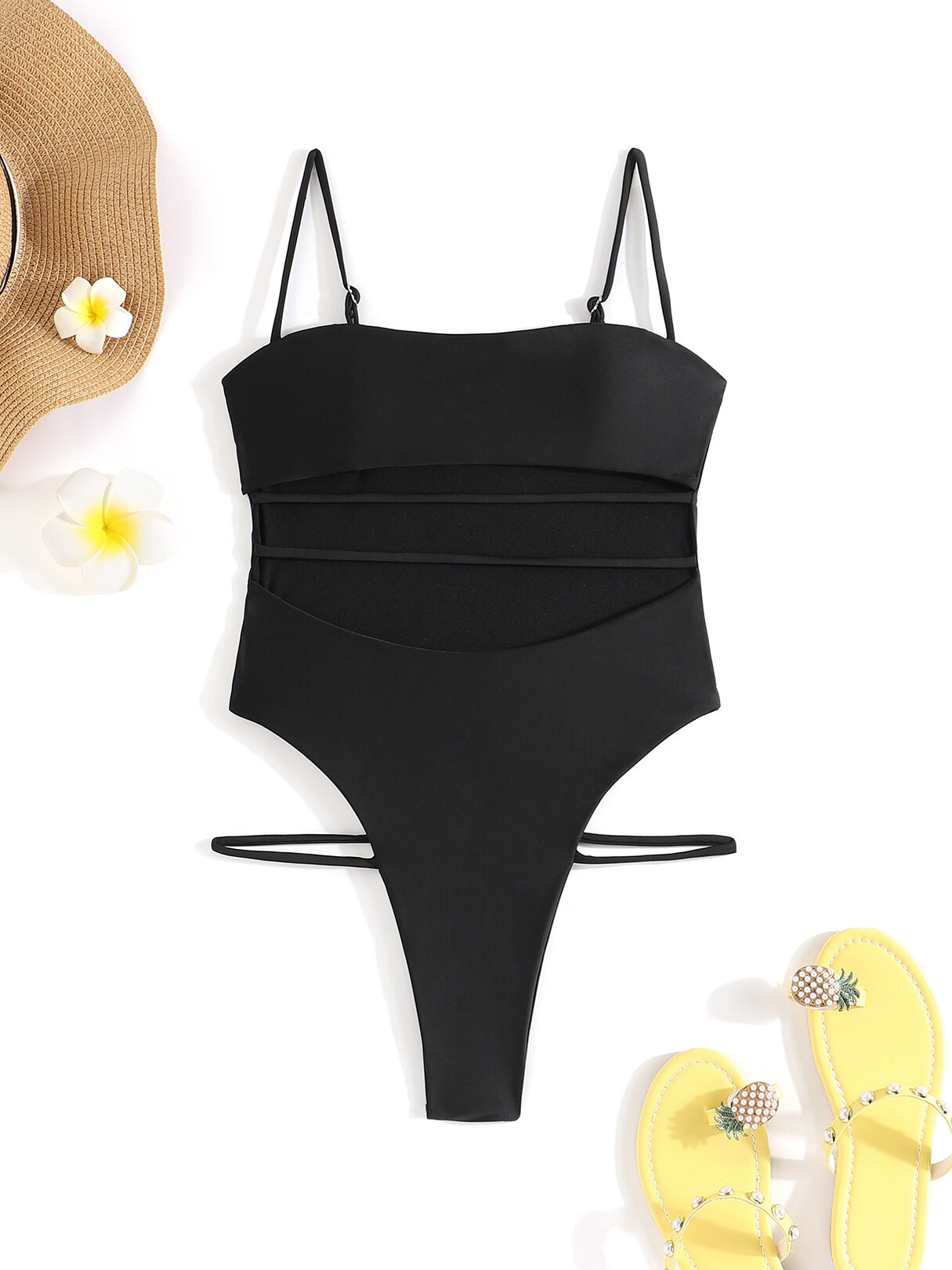 Solid Cut Out Open Back Adjustable Strap Sexy One Piece Swimwear