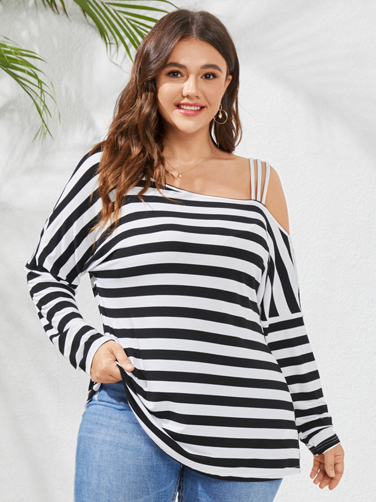 Plus Size Striped Cold Shoulder Backless Long Sleeve T-Shirt