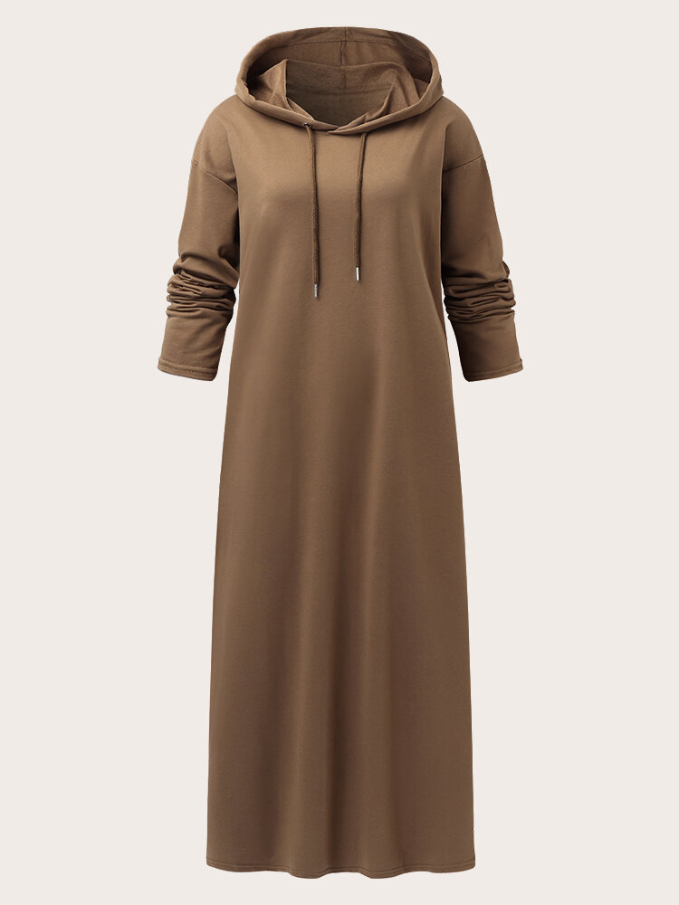 Plus Size Solid Color Slit Hem Drawstring Hooded Casual Dress
