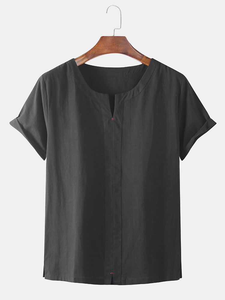 Mens Cotton Linen Oriental V-Neck Tee Short Sleeve T-Shirt