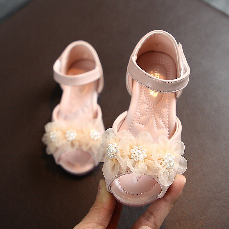 

Girls Faux Pearl Lace Flowers Decor Non Slip Princess Sandals, Pink