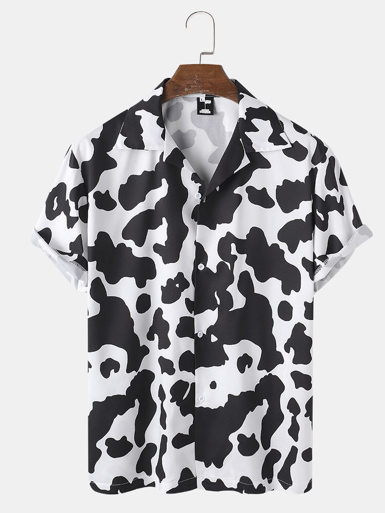 Mens Cow Pattern Print Revere Collar Short Sleeve Casual Shirt