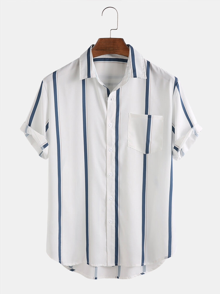 Mens Plain Striped Print Turn Down Collar Short Sleeve Shirts