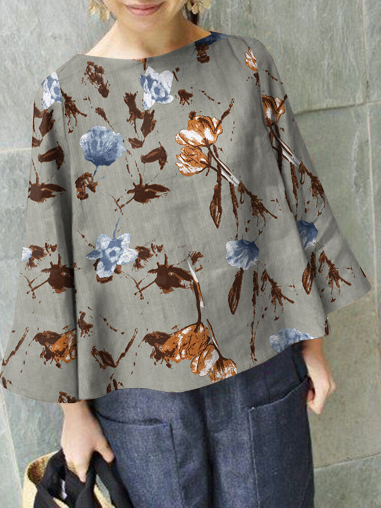 

Plants Print Long Bell Sleeve Blouse For Women, Green;apricot