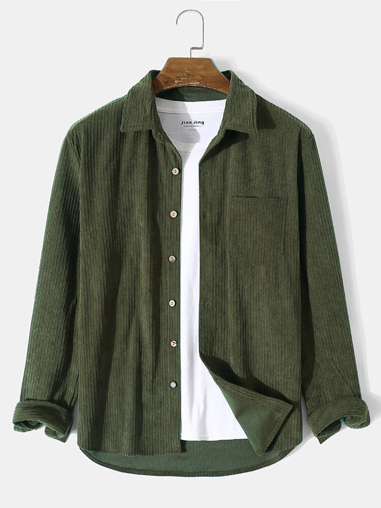 Mens Corduroy Solid Color Button Up Casual Long Sleeve Shirts 6 Colors