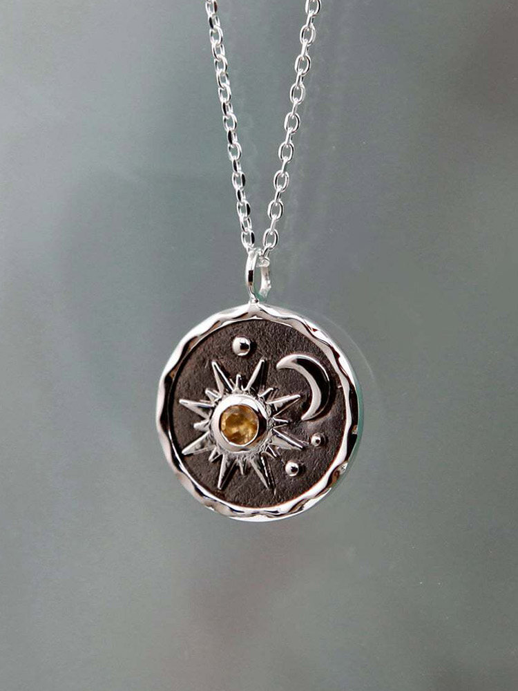 

Vintage Carved Sun Moon Inlaid Zircon Round-shape Pendant Alloy Necklace, Silver