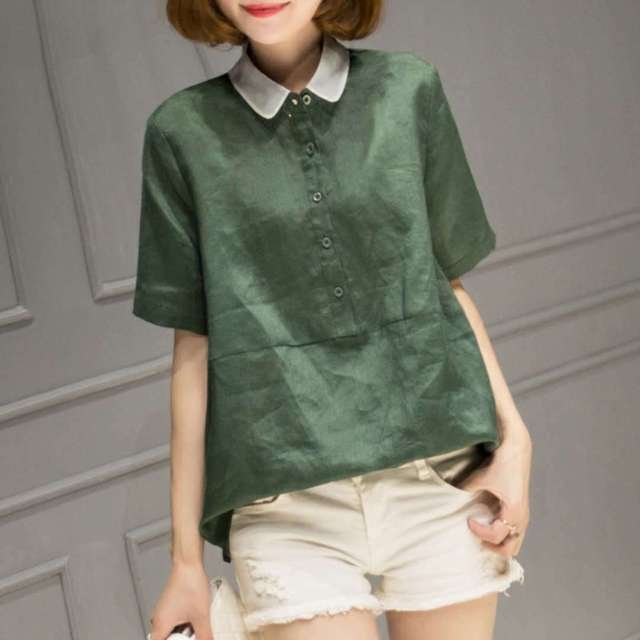 Cotton And Linen Short-sleeved Loose Wild  Shirt Large Size Women's Clothing