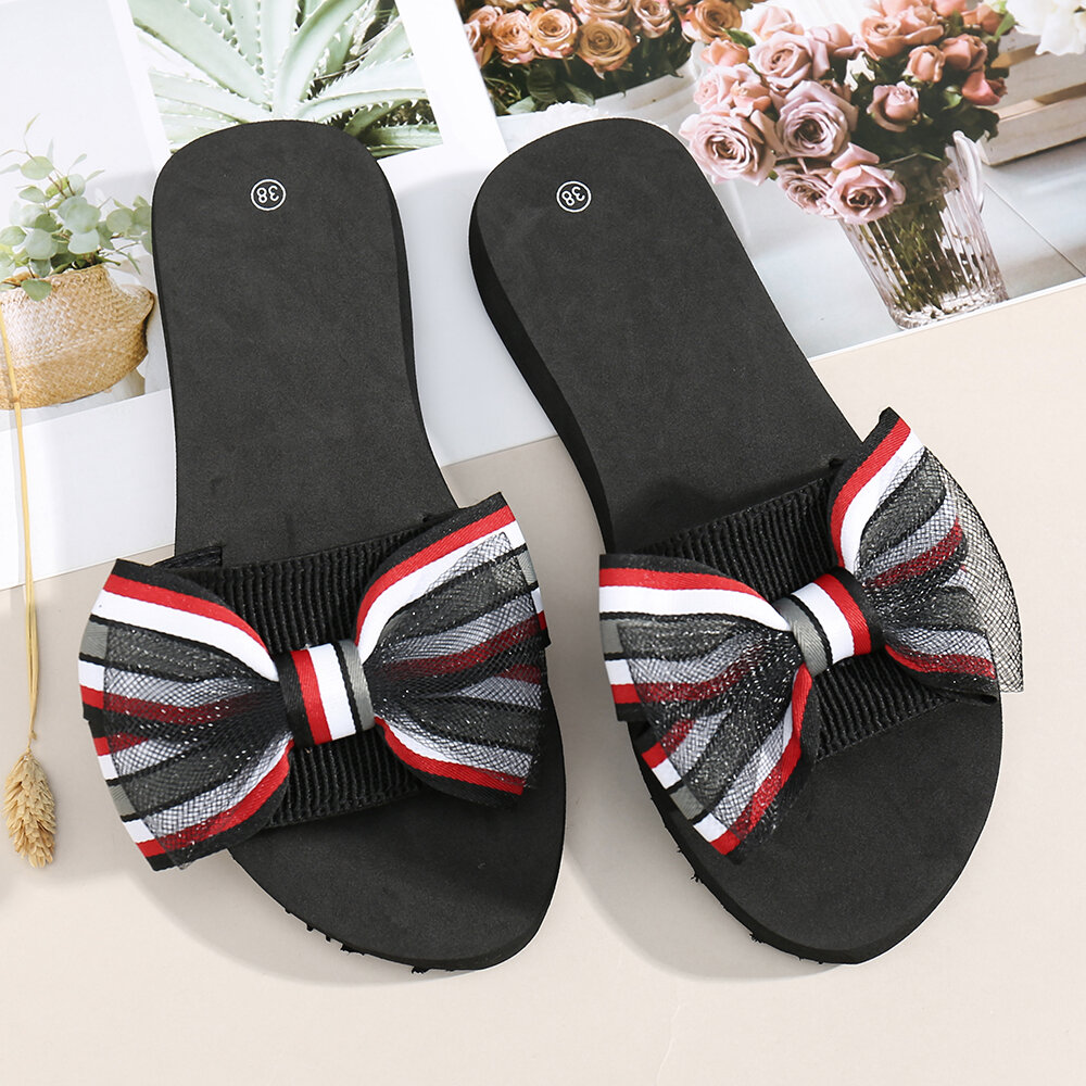 

Women Sweet Double Bow Decor Soft Bottom Casuals Flat Slippers, Red;black;pink