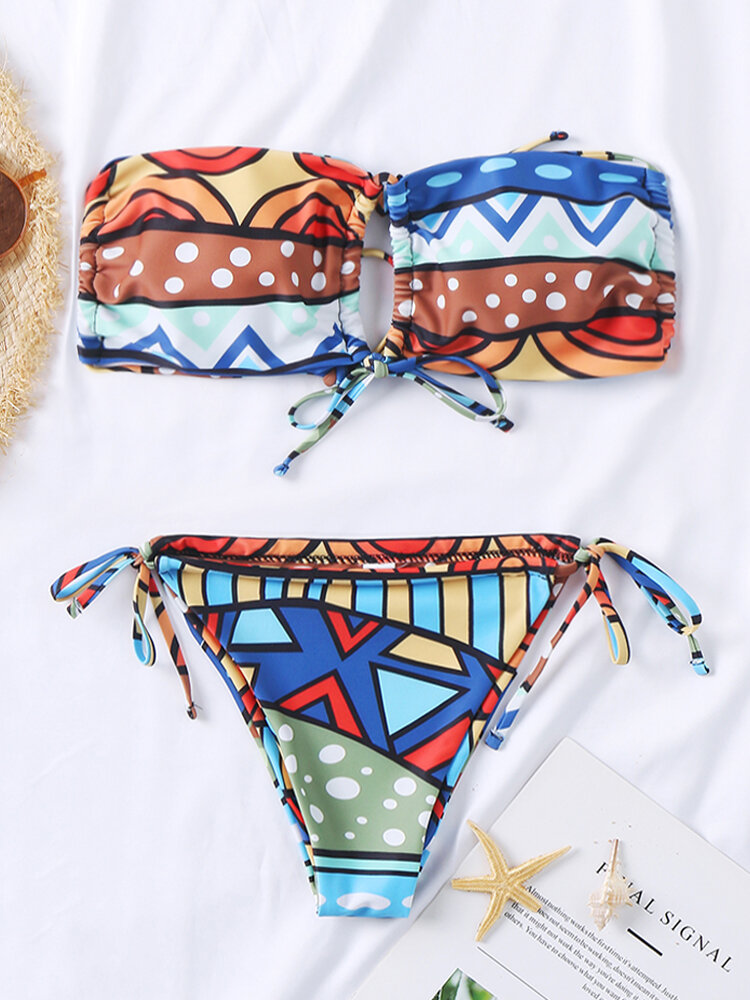 Women Tribal Geometry Pattern Swimwear Open Back Slimming Bandeau Bikini