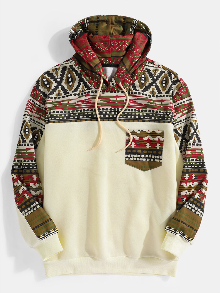 Mens Ethnic Print Patchwork Chest Pocket Drawstring Pullover Hoodie