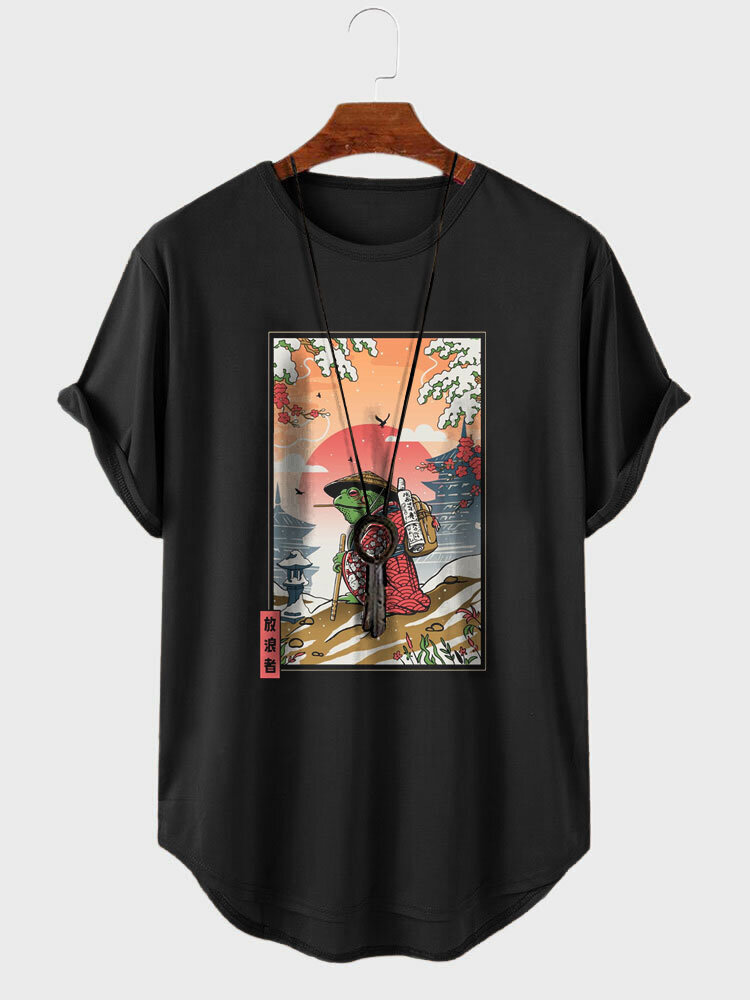 

Mens Japanese Frog Landscape Graphic Curved Hem Short Sleeve T-Shirts, Black