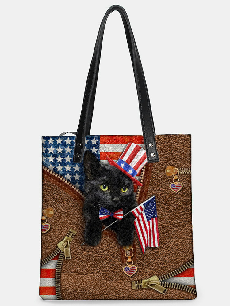 Women Black Cat Independent Leather Tote Bag Sticker  Shoulder Bag Handbag Tote