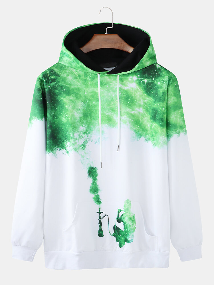 Mens Starry Sky Figure Print Casual Overhead Hoodies With Pouch Pocket