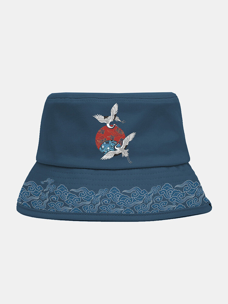 Unisex Polyester Cotton Fairy Crane Auspicious Clouds Pattern Print Ethnic Vintage Bucket Hat