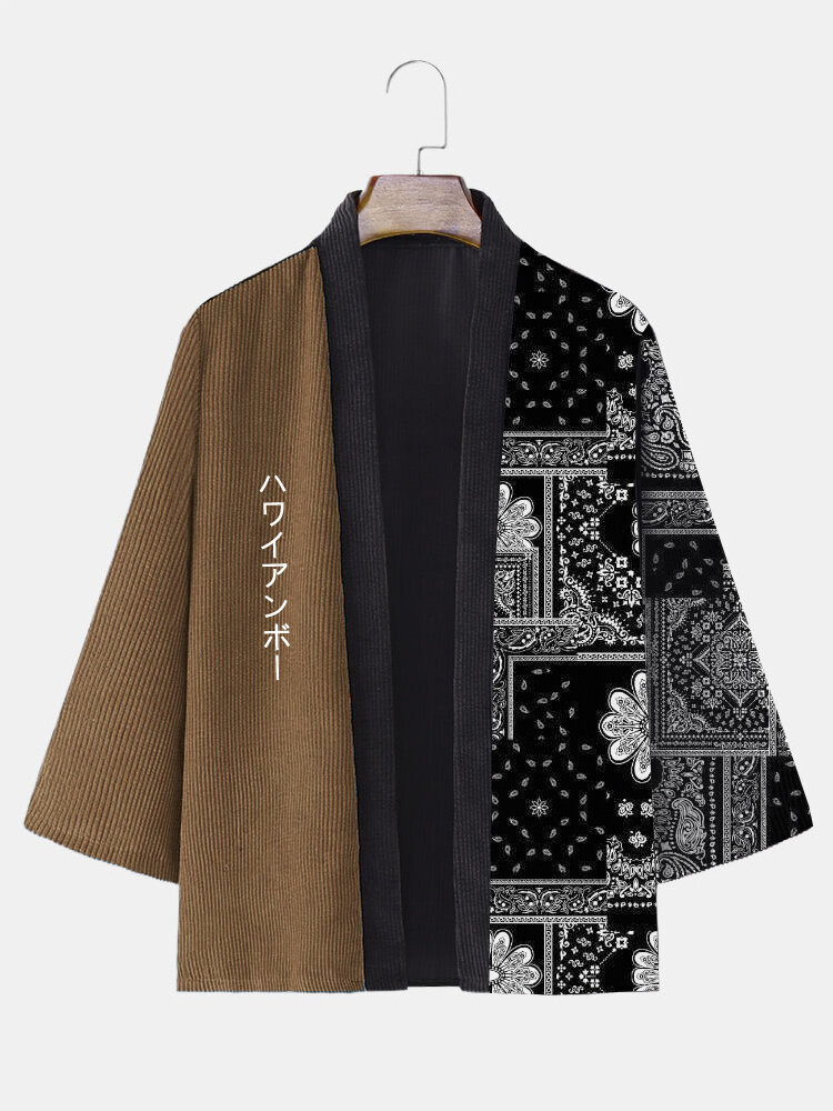 Mens Ethnic Paisley Print Patchwork Japanese Embroidery Corduroy Kimono