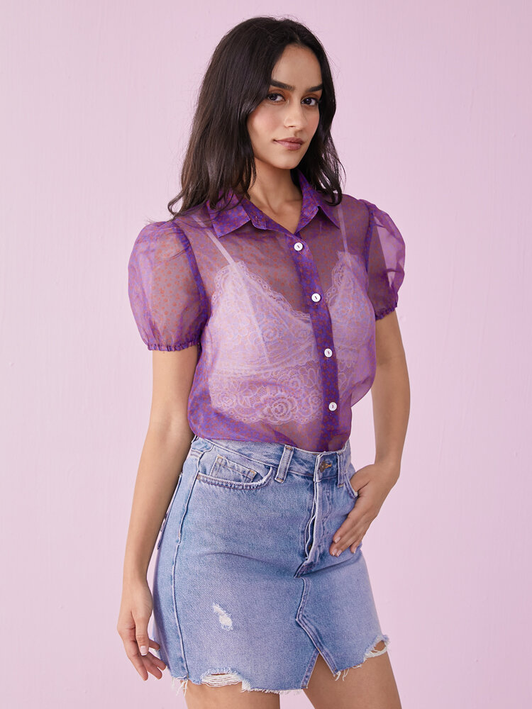Цветочный Шаблон Прозрачная блуза с пышными рукавами и лацканами на пуговицах