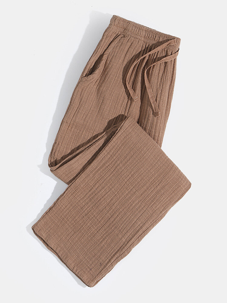 Lightweight Solid Color Drawstring Pockets Cotton Linen Loungewear Bottoms