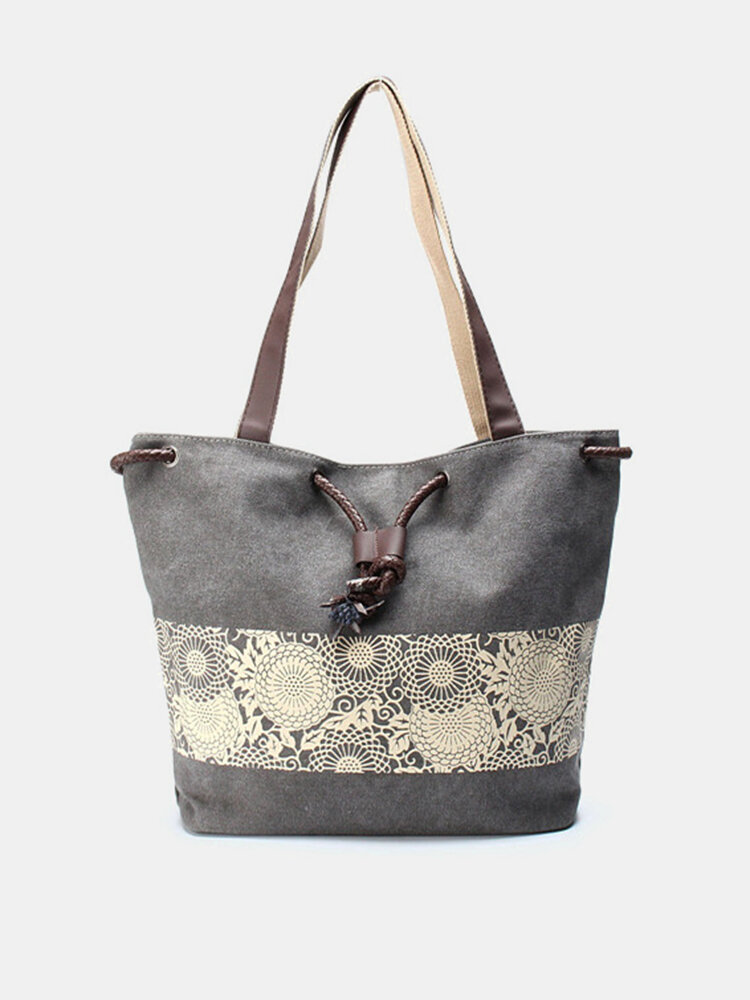 Fashion Women Handbags Floral Canvas Drawstring Bucket Bags
