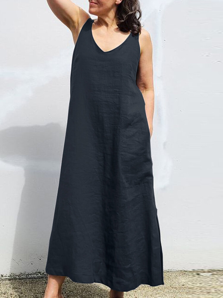 Women Solid V-Neck Side Split Cotton Sleeveless Dress