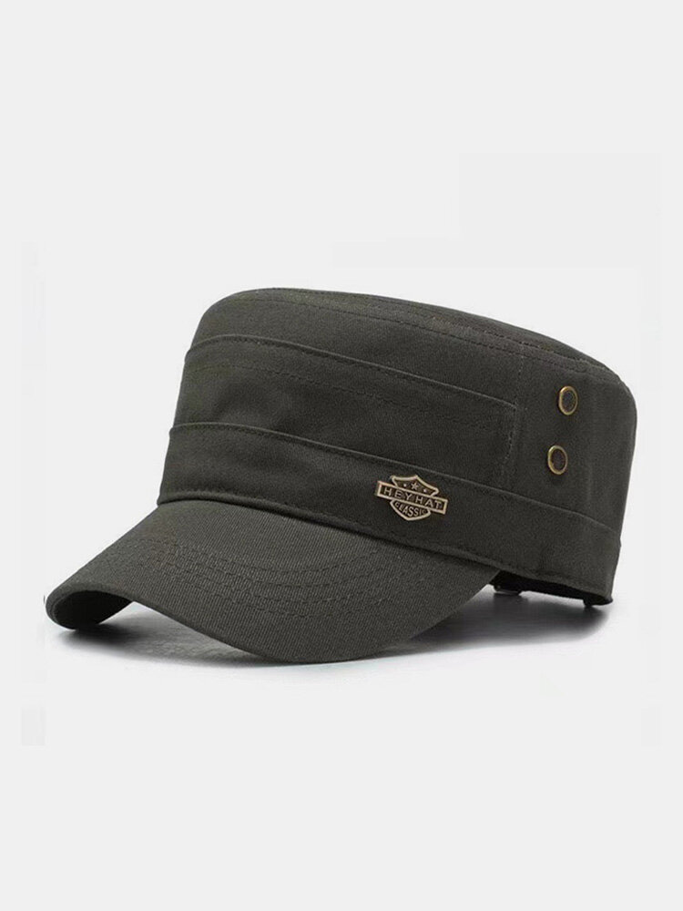 Men Cotton Solid Color Patchwork Letter Shield Iron Label Breathable Sunshade Military Cap Flat Cap