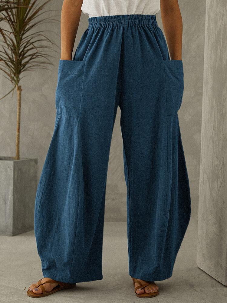 Women Solid Color 100% Cotton Elastic Waist Pant With Pocket