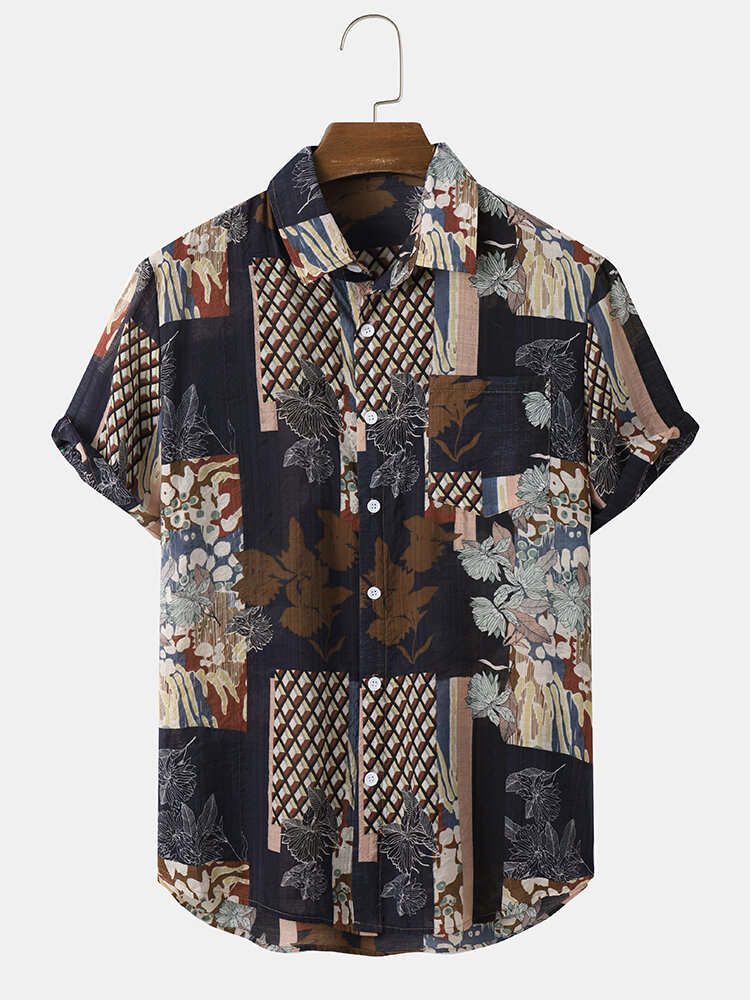 Mens Vintage Plants Print Button Up Short Sleeve Shirts With Pocket