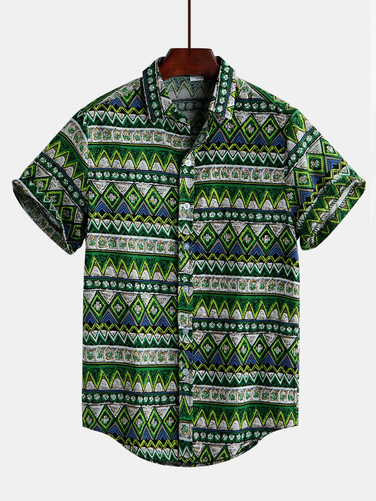 Men's Ethnic Style Floral Printing Shirt Short Sleeve Turn Down Collar Shirt 