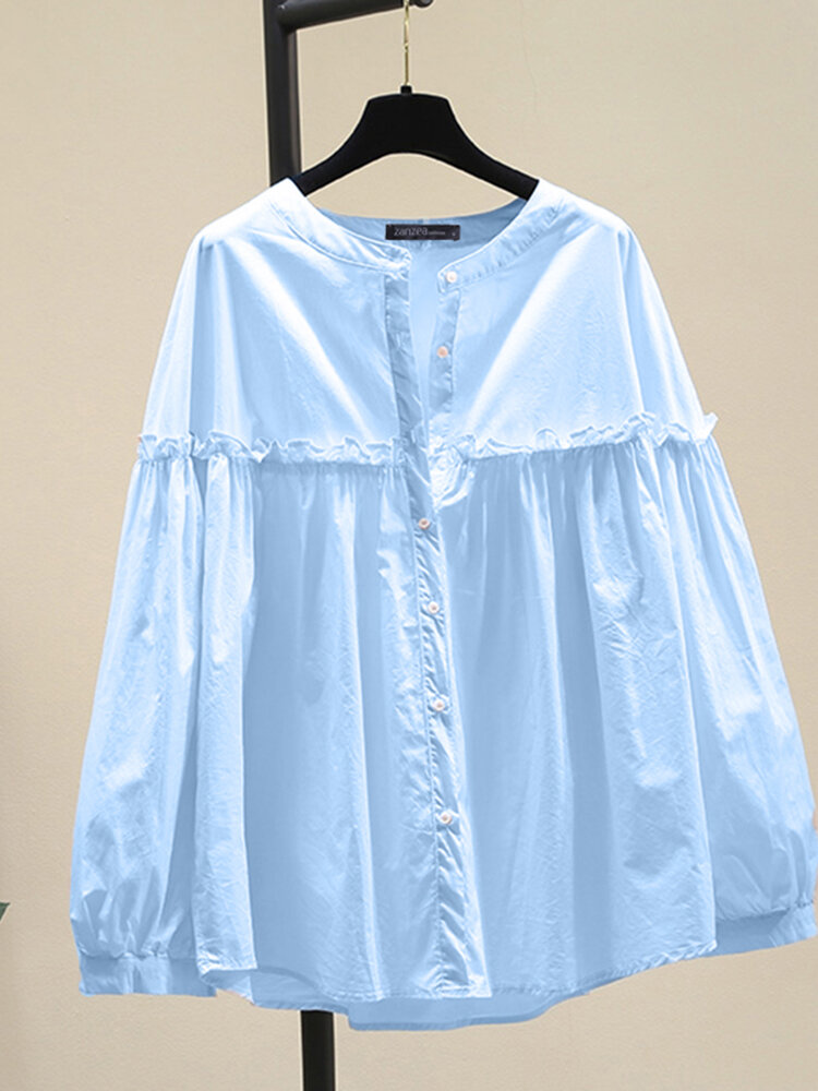 Solid Ruffle Trim Long Sleeve Button Stand Collar Blouse