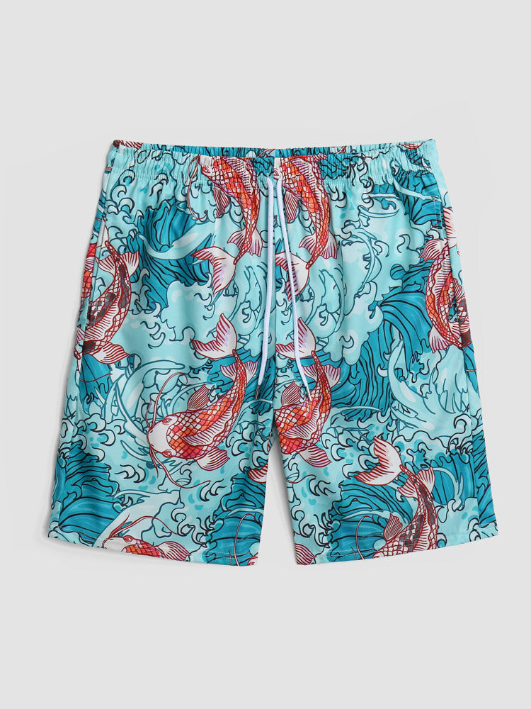 Men Fish & Wave Print Drawstring Water Resistant Cool Board Shorts