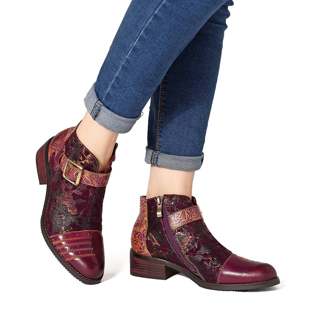 SOCOFY Vintage Buckle Cow Leather Splicing Reto Flower Pattern Multicolor Stitching Zipper Boots