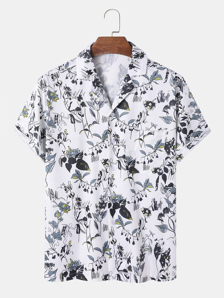 

Mens Plants Print Revere Collar Holiday Short Sleeve Shirts, White;beige