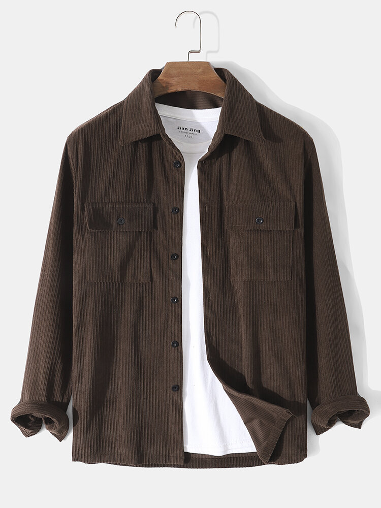 

Mens Corduroy Solid Button Basics Long Sleeve Shirts With Flap Pocket, Brown