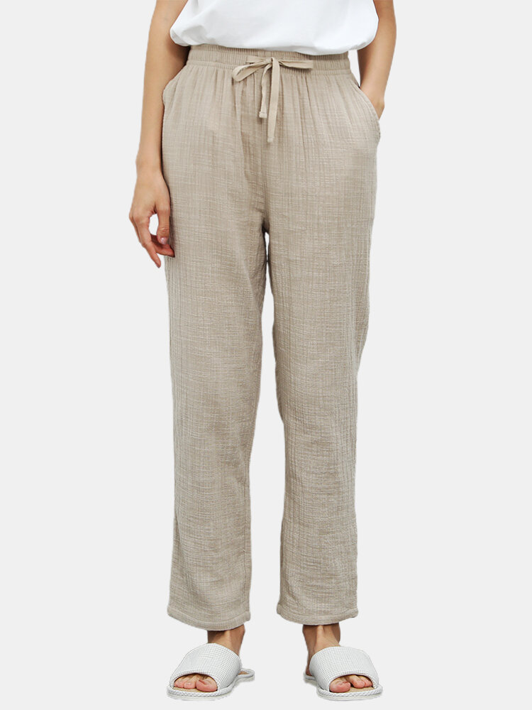 Women Cotton Linen Solid Color Thin Comfortable Home Drawstring Pants